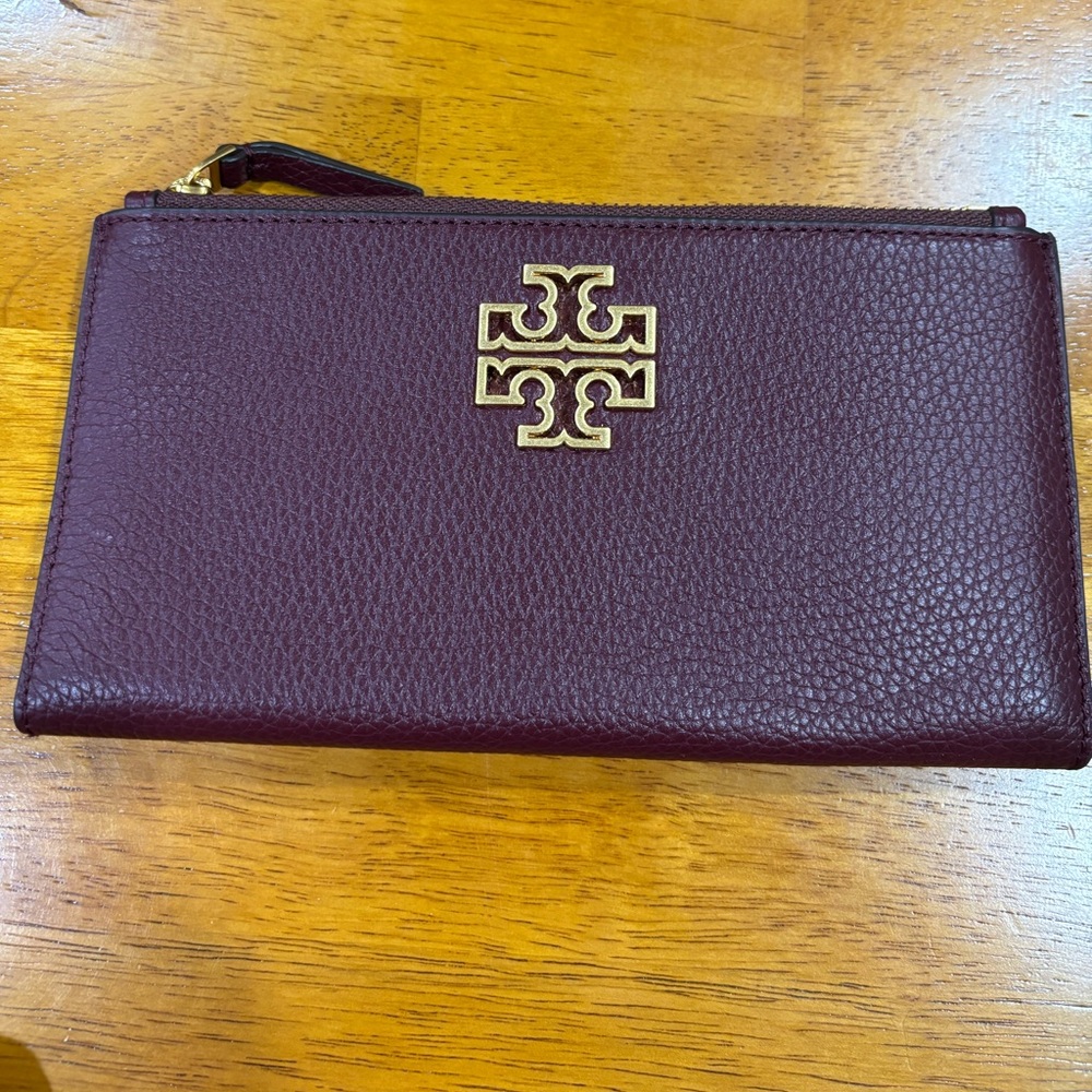 Tory Burch Burgundy Leather Wallet with Gold Logo